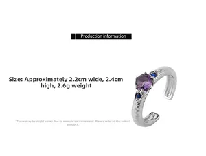 Detailed view of striped silver ring with purple gemstone and size dimensions