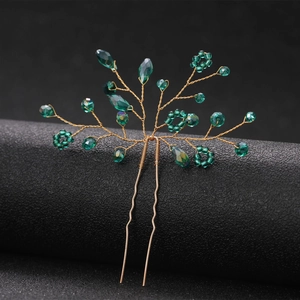 Handmade U-shaped hair pin with emerald green crystals and gold wire branches