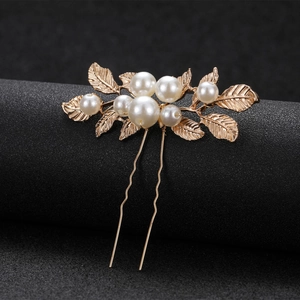 Épingle à cheveux baroque en forme de U avec feuilles dorées et perles de mariée