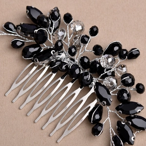 Handmade black crystal bridal hair comb with twisted beads and silver metal pins
