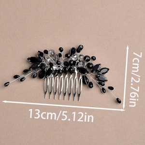 Elegant black crystal hand-beaded hair comb for bridal wedding style, size 13cm by 7cm