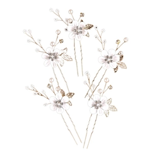 Five-piece bridal hair pin set with white flowers, crystals, pearls, and golden leaf details