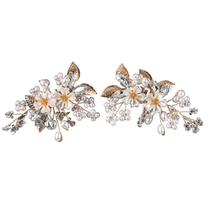 Clips de chaussures de mariée élégants avec perles et strass sur feuilles dorées