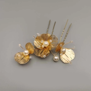 Elegant Golden Flower Wedding Hair Stick With Artificial Pearls Rhinestones Handmade Metal Wire U Shaped Hair Fork For Women Party Jewelry