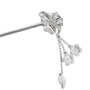 Pic à cheveux vintage en argent avec fleurs et pampilles pendantes pour coiffure chinoise