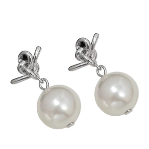 Elegant silver knotted earrings with large white round pearls for women on white background