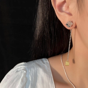 Retro Tang Grass Pattern Cube Dangle Earrings With 925 Sterling Silver Earring Post Long Tassel Copper Earrings For Women