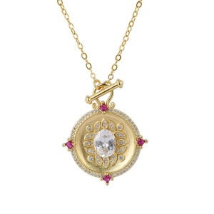 Vintage gold round coin pendant necklace with pink gems and OT toggle clasp closure