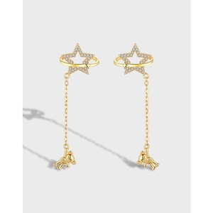 Korean Style Hollow Star Rhinestone Bear Tassel Dangle Earrings For Women Copper Plated Gold Silver Niche Design Fashion Jewelry