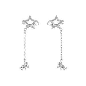 Elegant star stud earrings with long chains and detailed bear pendants in silver finish