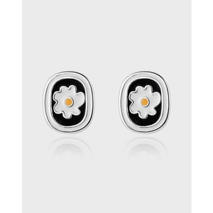 Japanese Korean Style Fresh Daisy Flower Stud Earrings Enamel Copper Silver Plated Oval Floral Ear Jewelry For Women