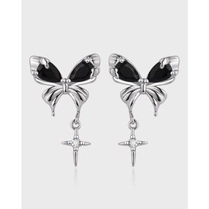 Vintage Black Butterfly Zirconia Stud Earrings With Star Cross Pendant Copper Silver Plated Sweet Cool Gothic Jewelry For Women