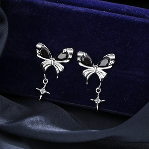 Elegant silver butterfly earrings with black zircon stones and star pendant detail