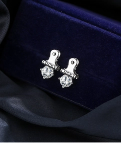 Detail of creative paperclip earring with LUCKY engraving and sparkling zircon