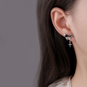 Silver bow butterfly earrings with black stone and cross pendant in gothic style