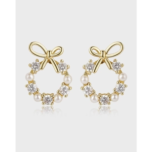 Elegant Bowknot Wreath Stud Earrings Gold Plated Copper Artificial Pearl Zirconia Earrings For Women Daily Sweet Jewelry Accessory