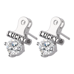Silver lucky engraved earrings with sparkling round cubic zirconia in four-prong setting