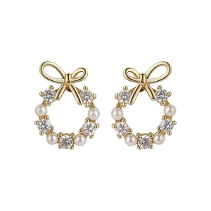 Elegant bow knot pearl wreath stud earrings in gold with sparkling zircon crystals
