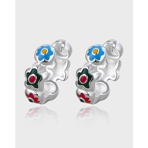 Vintage Enamel Flower Hoop Earrings Silver Plated Copper Drip Oil Floral Huggie Earrings Elegant Jewelry Women Accessory