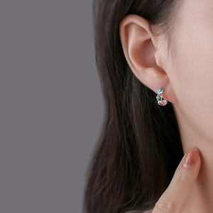 Minimalist S925 silver flower hoop earrings with blue, green and red enamel petals