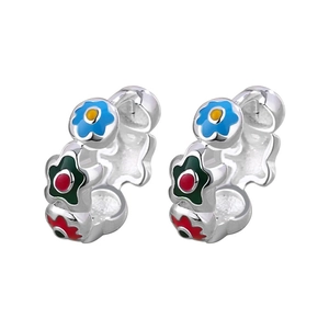 Silver hoop earrings with colorful enamel flower patterns in blue, green and red colors