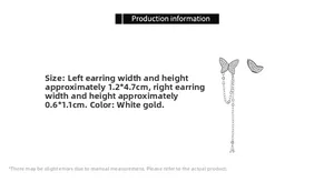 Detail view of asymmetric butterfly earrings with long fringe tassels and silver zircon plating
