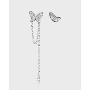 Asymmetrical Butterfly Tassel Stud Earrings Copper Rhinestone Silver Plated Elegant Fashion Jewelry For Women Gift