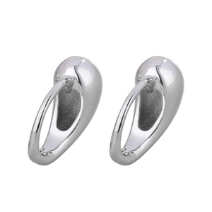 Minimalist silver teardrop geometric earrings with polished finish on white background