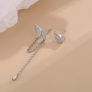 Asymmetric silver butterfly stud earrings with long tassel fringe and cubic zirconia