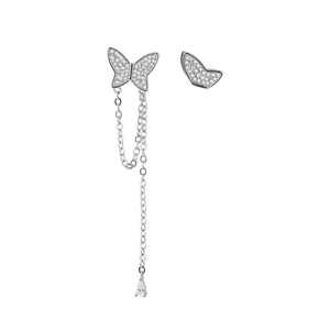 Asymmetric butterfly tassel earrings with silver metal plating and sparkling rhinestones