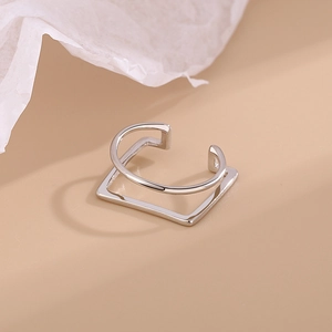 Minimalist silver double-layered geometric square open ring with a modern sleek design