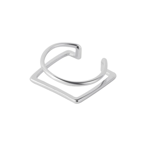 Minimalist double-layer square and circle open ring in polished silver finish