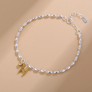 Niche Delicate Two-Tone Copper Beaded Bracelet With Gold H Letter Charm And Sparkling Rhinestone For Women Daily Jewelry Gift