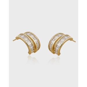 Elegant C-Shaped Copper Zirconia Stud Earrings For Women Double Row Square Cut Zirconia Gold Electroplated Fashion Jewelry