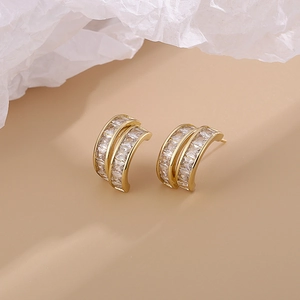 Elegant C-shaped gold-plated stud earrings with double-row square-cut zircon stones