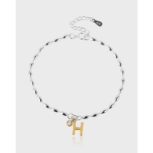 Elegant S925 silver beaded bracelet with gold H letter and sparkling zircon charms