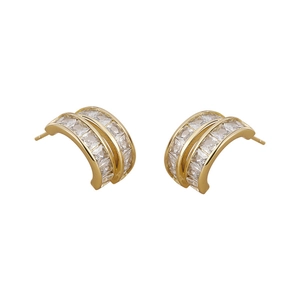 Elegant gold geometric earrings with two rows of square-cut sparkling zircons