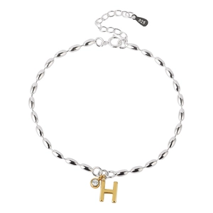 Exquisite silver beaded bracelet with gold H initial charm and sparkling zircon stone