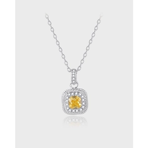 Light Luxury Square Yellow Rhinestone Pendant Necklace For Women Copper Electroplated Halo Curb Chain Jewelry Elegant Neck Chain
