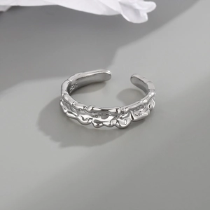 Minimalist S925 sterling silver irregular ripple open ring with liquid metal texture