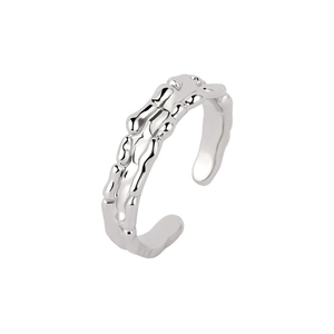 Irregular silver open ring featuring a minimalist molten lava texture and high-polish finish
