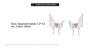 Detail view of silver liquid butterfly stud earrings with pink heart gemstone and 1.2x1.6cm size