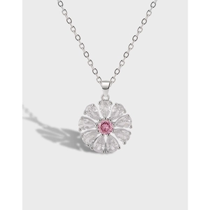Collier Pendentif Fleur de Luxe Cuivre Plaqué Or Blanc Zirconium Rose Accessoire Quotidien Élégant pour Femme Bijoux