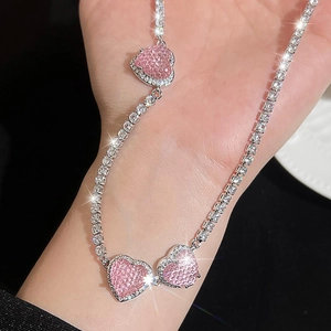 Elegantes Schmuckset Rosa Herz Zirkonia Mit Halskette Und Lange Quastenohrringe Kupfer Versilbert Für Damen Hochzeitsschmuck