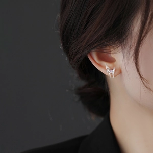 Korean Minimalist Liquid Butterfly Stud Earrings For Women Hollow Silver Plated Copper Purple Heart Zirconia Earring Elegant Aesthetic Jewelry