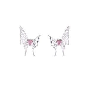 Elegant silver butterfly stud earrings featuring a pink heart zircon center on white background