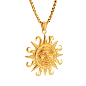 Hip-hop style golden sun face pendant necklace with box chain for men and women