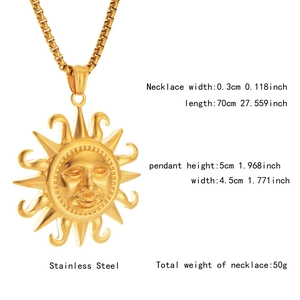 Detailed view of hip-hop sun face pendant with 70cm stainless steel square chain