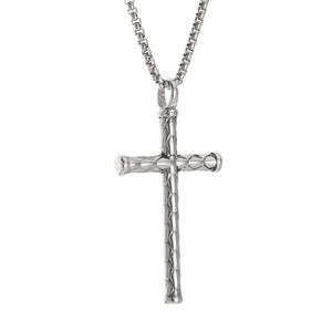 Hiphop silver stainless steel cross necklace with geometric texture and box chain