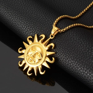 Hiphop gold sun god face pendant necklace with vintage embossed sunray pattern